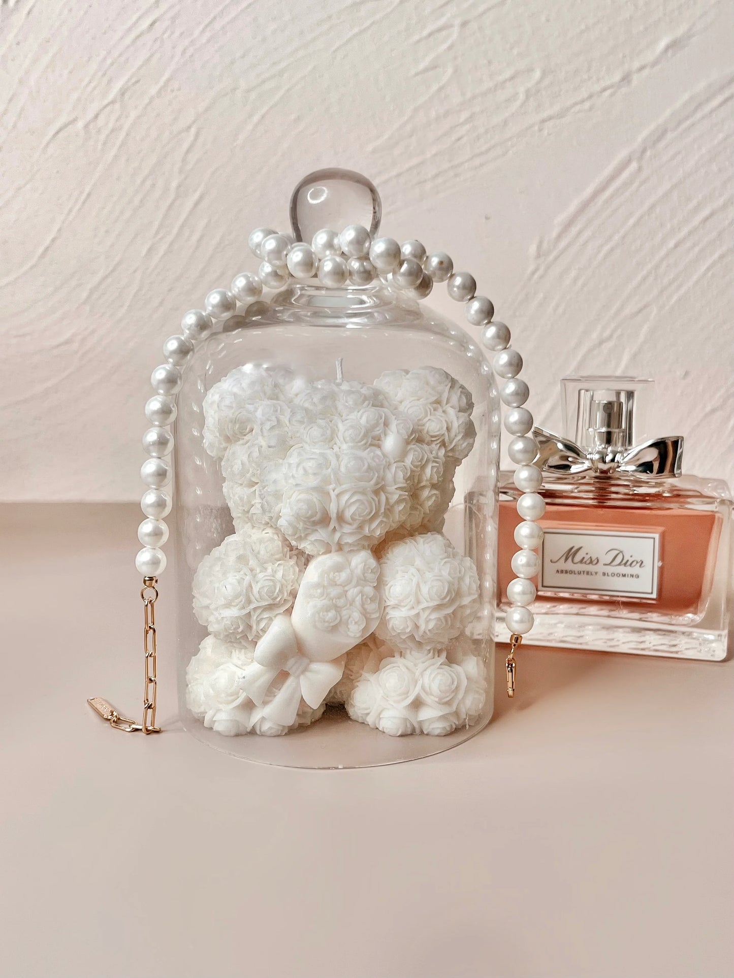 Rose Bear Candle In White