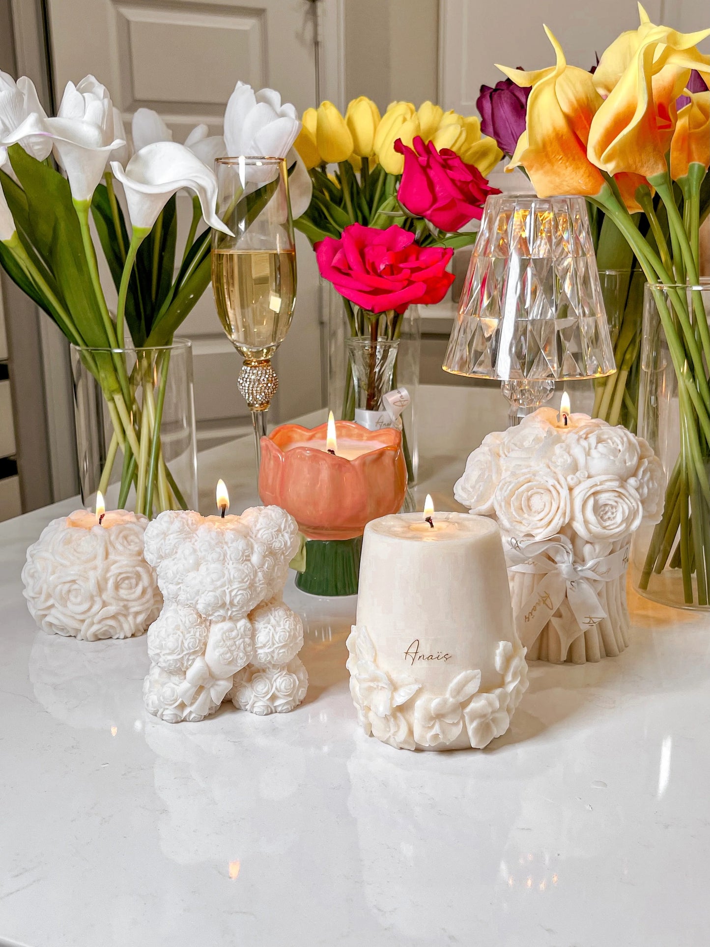 Rose Bear Candle In White