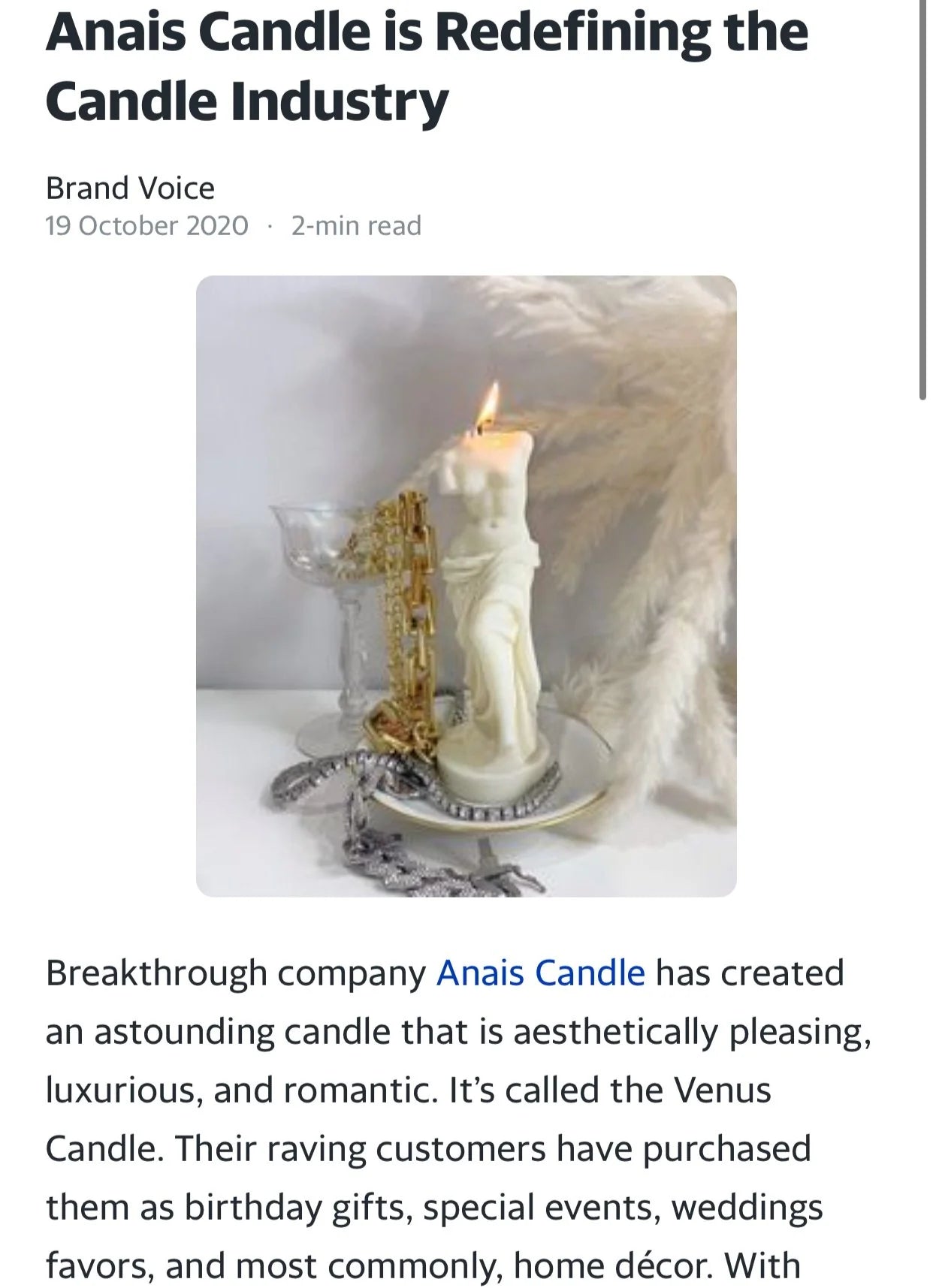 The Venus Candle In Sculpture White