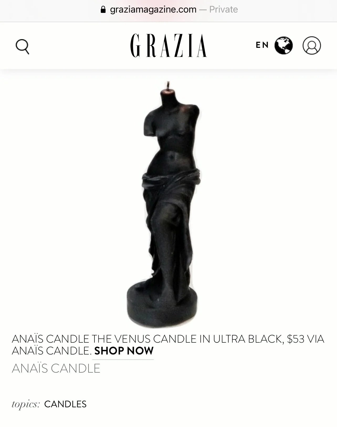 The Venus Candle in Ultra Black