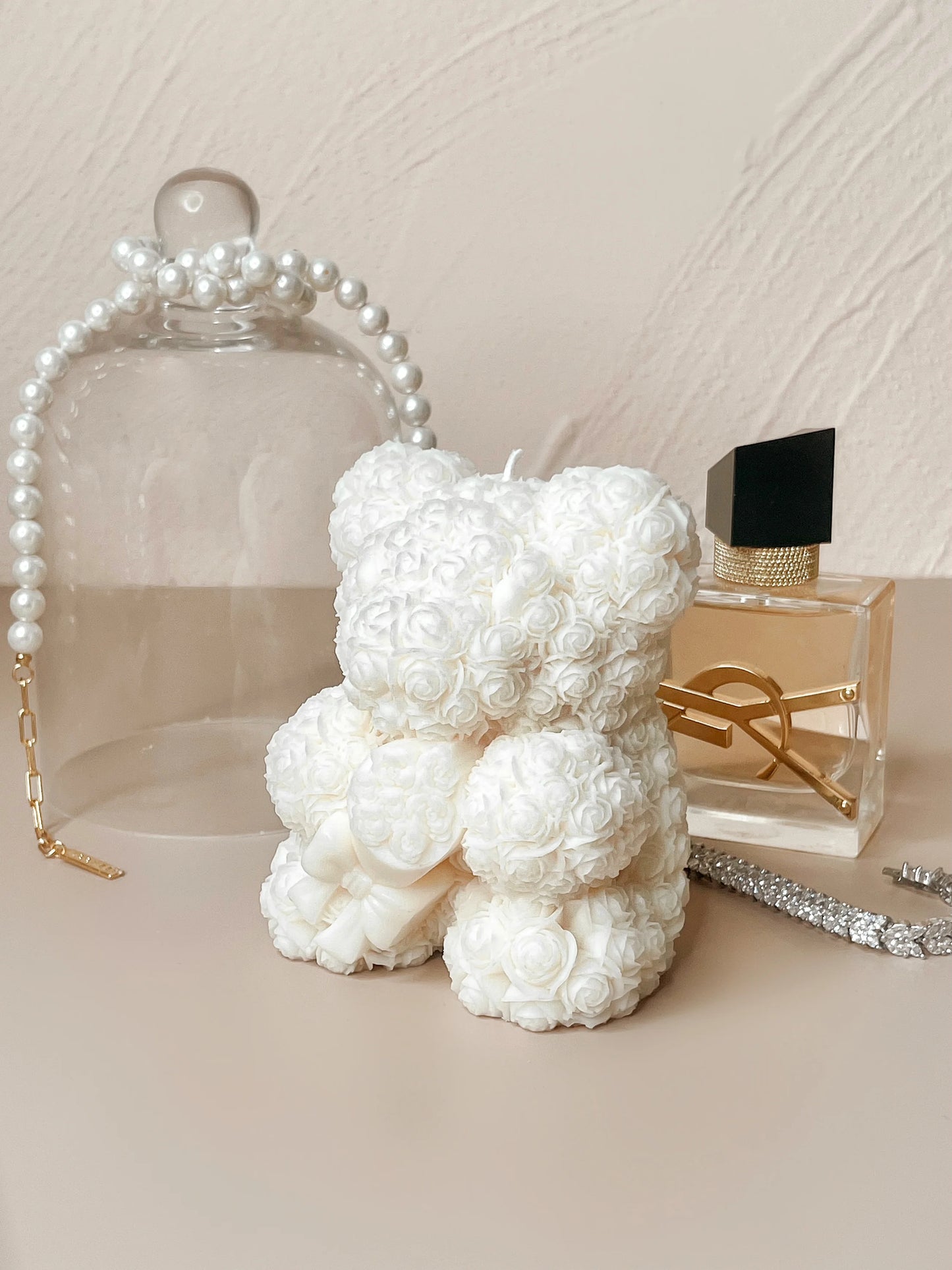 Rose Bear Candle In White