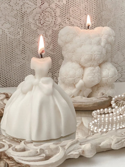 Rose Bear Candle In White