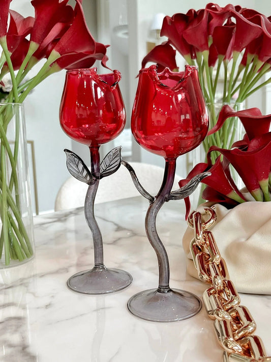 Rose For Rosé Glass Cup in Red Set of (2) - Handcrafted