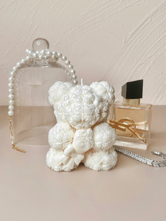 Rose Bear Candle In White